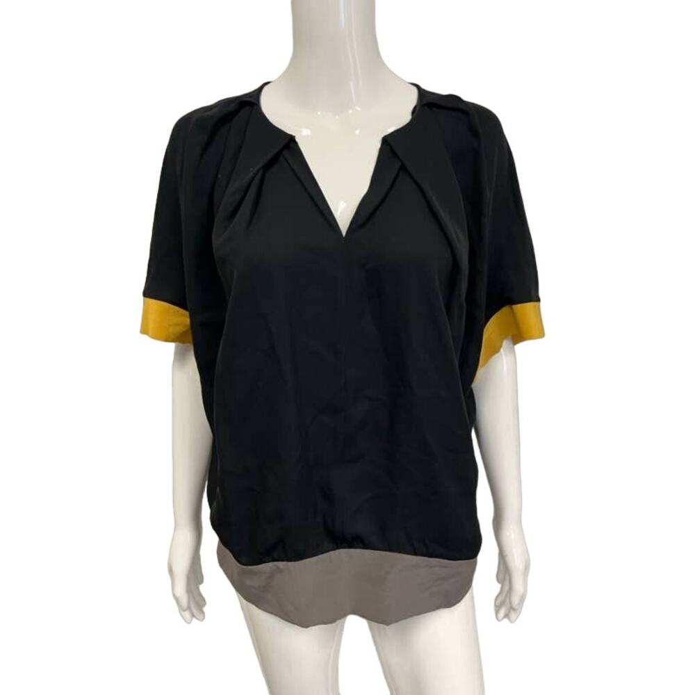 FENDI Black/Yellow/Gray Colorblock Silk Short Sleeves V-Neck Blouse Top 38 US 2